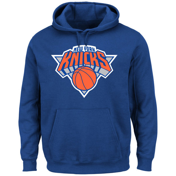  Men New York Knicks Majestic Current Logo Tech Patch Pullover Hoodie Blue